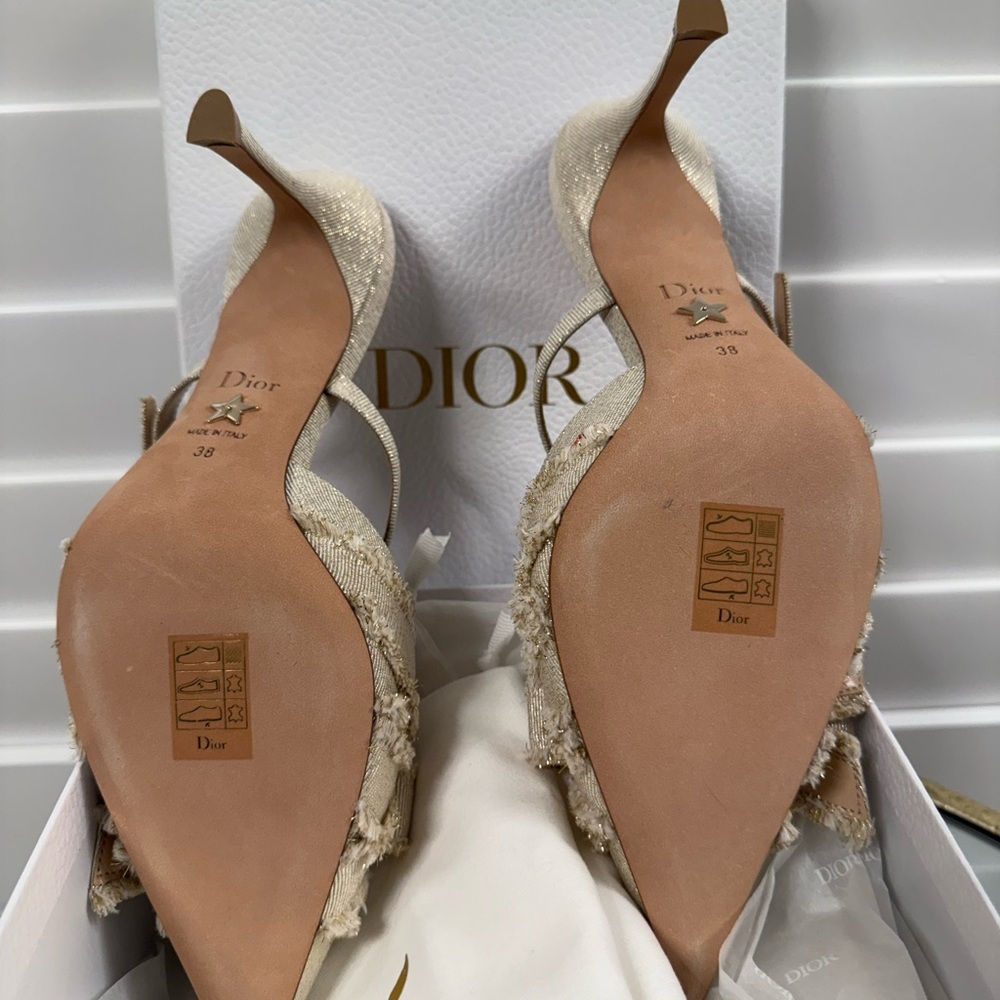 CHRISTIAN DIOR Laminated Grosgrain Pearl Fringe Adiorable Mule 38 Shiny Gold - Picture 11 of 12